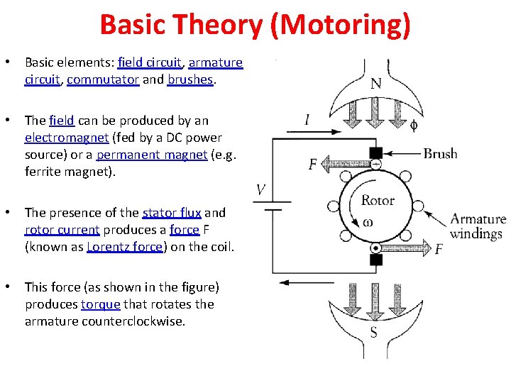 Basic Theory (Motoring) • Basic elements: field circuit, armature circuit, commutator and brushes. •