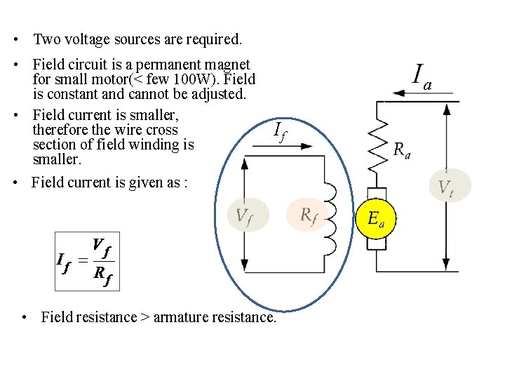  • Two voltage sources are required. • Field circuit is a permanent magnet