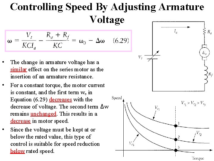 Controlling Speed By Adjusting Armature Voltage • The change in armature voltage has a