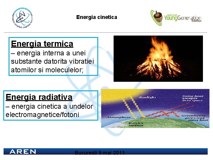 Energia cinetica Energia termica – energia interna a unei substante datorita vibratiei atomilor si Energia cinetica Energia termica – energia interna a unei substante datorita vibratiei atomilor si