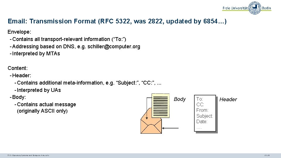 Email: Transmission Format (RFC 5322, was 2822, updated by 6854…) Envelope: - Contains all