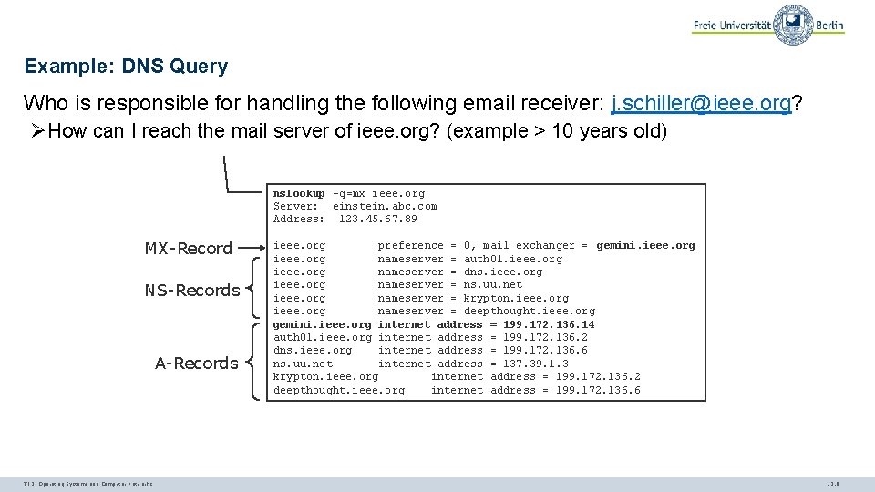 Example: DNS Query Who is responsible for handling the following email receiver: j. schiller@ieee.