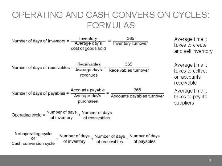 OPERATING AND CASH CONVERSION CYCLES: FORMULAS Average time it takes to create and sell