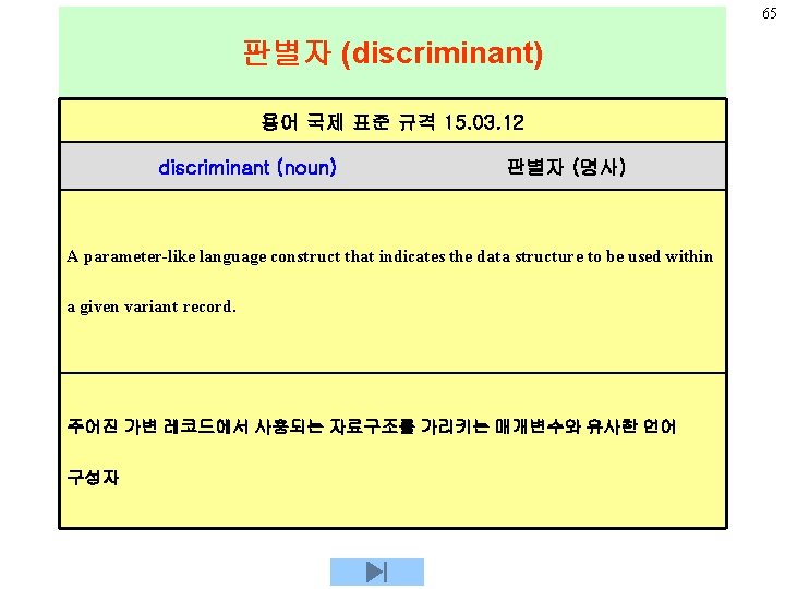 65 판별자 (discriminant) 용어 국제 표준 규격 15. 03. 12 discriminant (noun) 판별자 (명사)