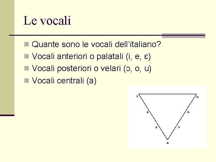 Le vocali n Quante sono le vocali dell’italiano? n Vocali anteriori o palatali (i,