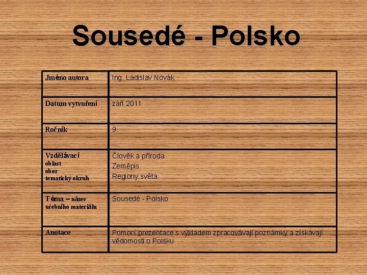 Sousedé - Polsko Jméno autora Ing. Ladislav Novák Datum vytvoření září 2011 Ročník 9.