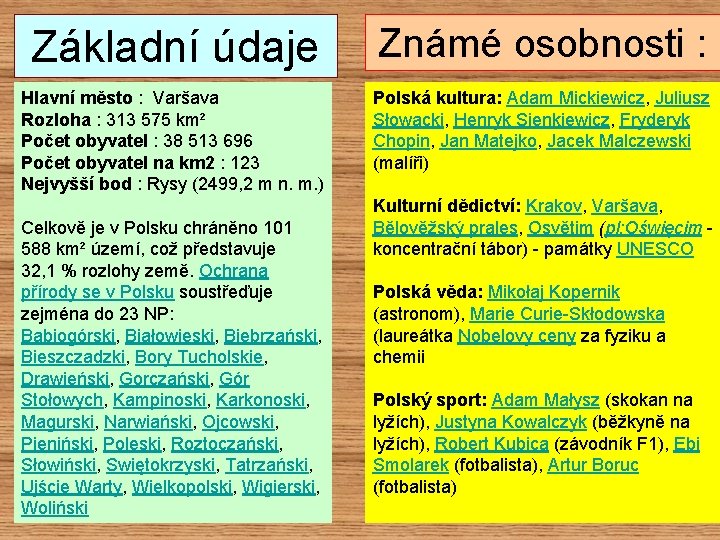 Základní údaje Známé osobnosti : Hlavní město : Varšava Polská kultura: Adam Mickiewicz, Juliusz