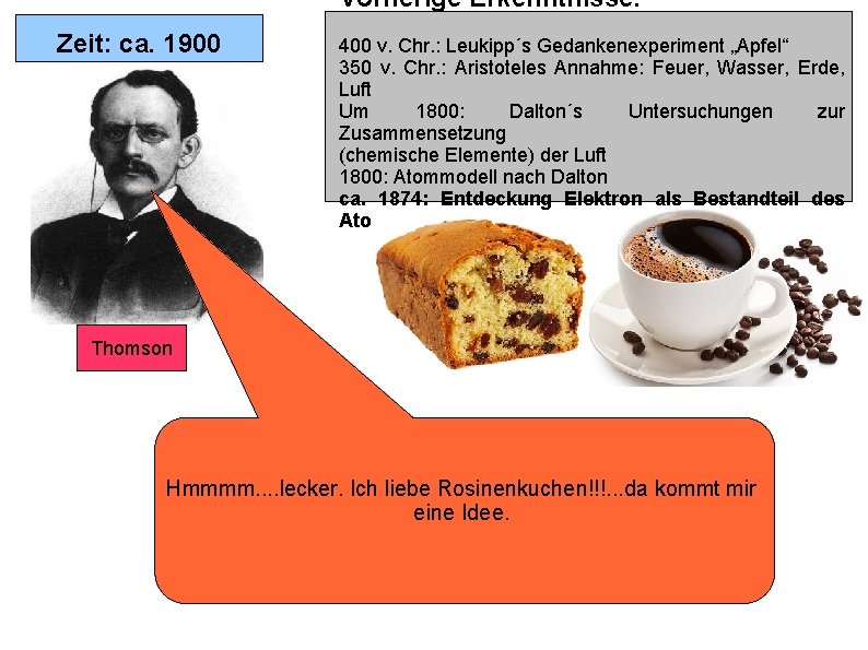 Vorherige Erkenntnisse: Zeit: ca. 1900 400 v. Chr. : Leukipp´s Gedankenexperiment „Apfel“ 350 v.