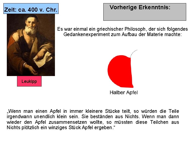 Zeit: ca. 400 v. Chr. Vorherige Erkenntnis: Es war einmal ein griechischer Philosoph, der