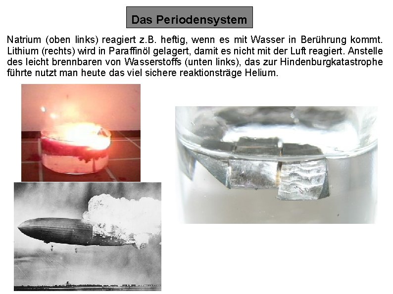 Das Periodensystem Natrium (oben links) reagiert z. B. heftig, wenn es mit Wasser in