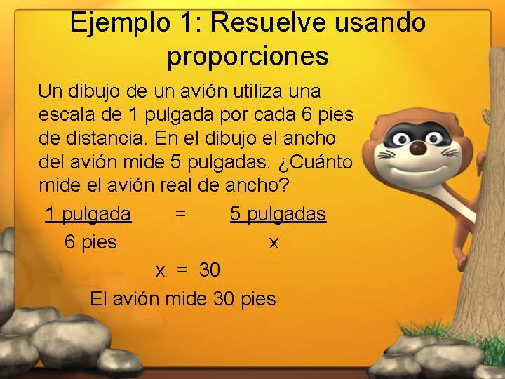 Ejemplo 1: Resuelve usando proporciones Un dibujo de un avión utiliza una escala de