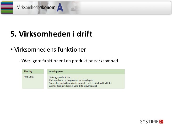 5. Virksomheden i drift • Virksomhedens funktioner - Yderligere funktioner i en produktionsvirksomhed 