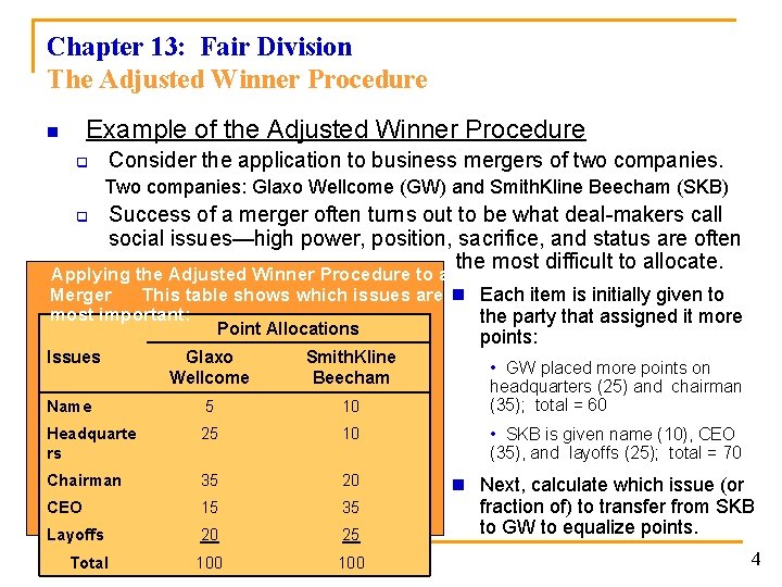 Chapter 13: Fair Division The Adjusted Winner Procedure Example of the Adjusted Winner Procedure