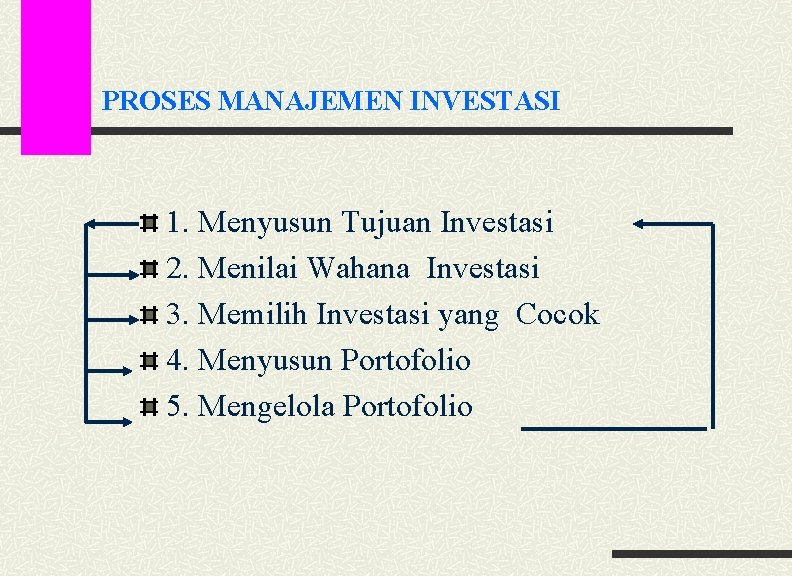 PROSES MANAJEMEN INVESTASI 1. Menyusun Tujuan Investasi 2. Menilai Wahana Investasi 3. Memilih Investasi