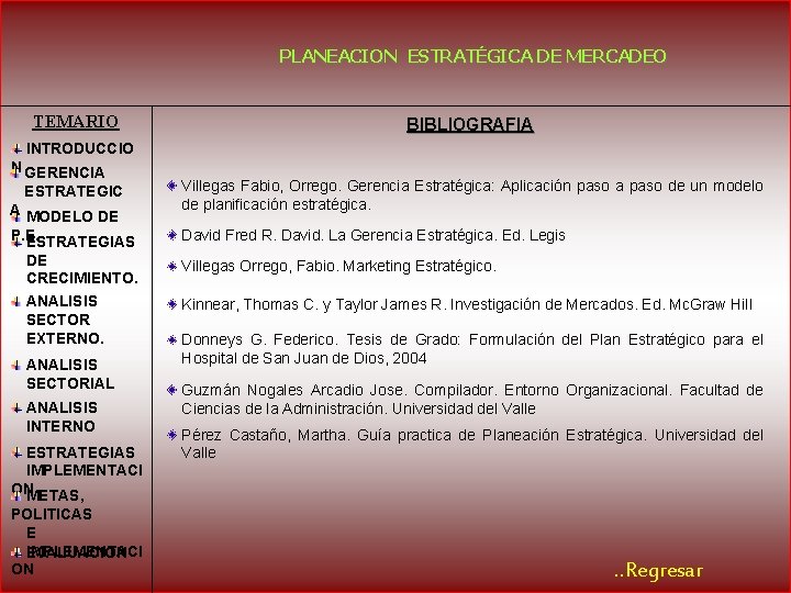 PLANEACION ESTRATÉGICA DE MERCADEO TEMARIO BIBLIOGRAFIA INTRODUCCIO N GERENCIA ESTRATEGIC A MODELO DE P.