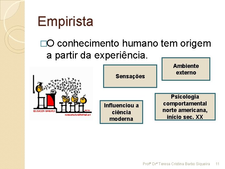 Empirista �O conhecimento humano tem origem a partir da experiência. Sensações Influenciou a ciência