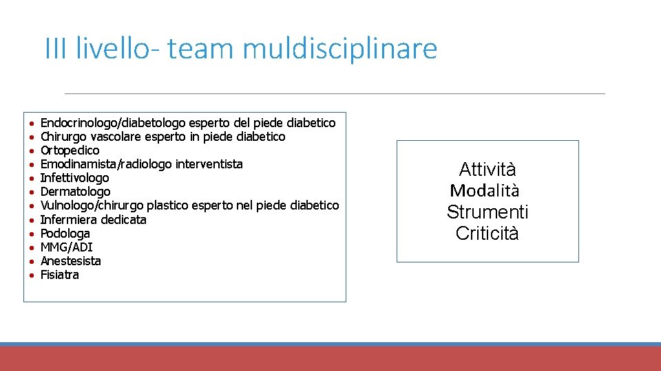 III livello- team muldisciplinare Endocrinologo/diabetologo esperto del piede diabetico Chirurgo vascolare esperto in piede