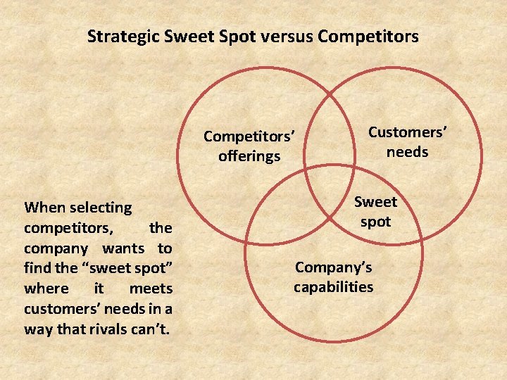 Strategic Sweet Spot versus Competitors’ offerings When selecting competitors, the company wants to find