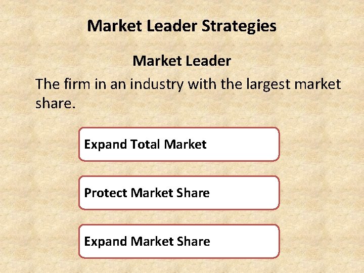 Market Leader Strategies Market Leader The firm in an industry with the largest market