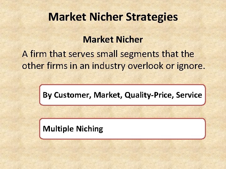 Market Nicher Strategies Market Nicher A firm that serves small segments that the other