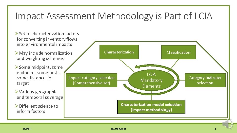 Impact Assessment Methodology is Part of LCIA ØSet of characterization factors for converting inventory