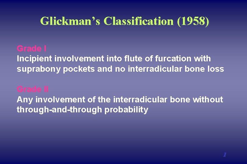 Glickman’s Classification (1958) Grade I Incipient involvement into flute of furcation with suprabony pockets