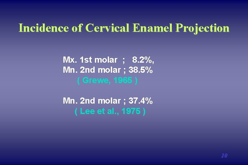 Incidence of Cervical Enamel Projection Mx. 1 st molar ; 8. 2%, Mn. 2