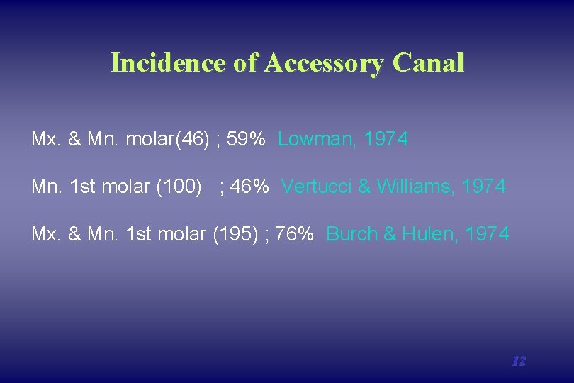 Incidence of Accessory Canal Mx. & Mn. molar(46) ; 59% Lowman, 1974 Mn. 1 Incidence of Accessory Canal Mx. & Mn. molar(46) ; 59% Lowman, 1974 Mn. 1