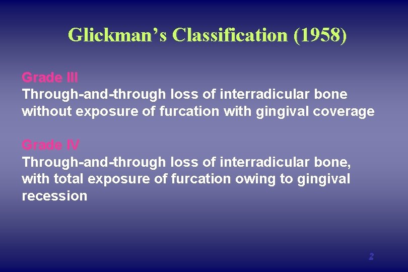 Glickman’s Classification (1958) Grade III Through-and-through loss of interradicular bone without exposure of furcation