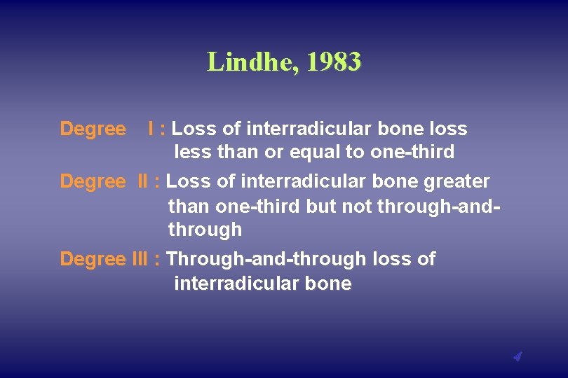 Lindhe, 1983 Degree I : Loss of interradicular bone loss less than or equal Lindhe, 1983 Degree I : Loss of interradicular bone loss less than or equal