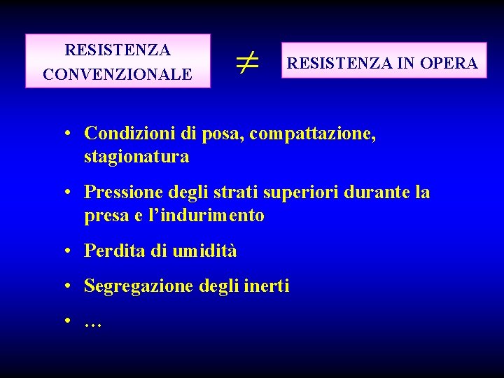 RESISTENZA CONVENZIONALE RESISTENZA IN OPERA • Condizioni di posa, compattazione, stagionatura • Pressione degli