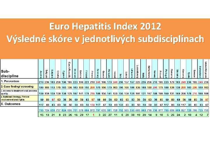 Euro Hepatitis Index 2012 Výsledné skóre v jednotlivých subdisciplínach 