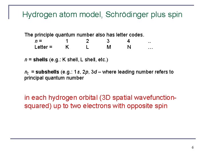 Hydrogen atom model, Schrödinger plus spin The principle quantum number also has letter codes.