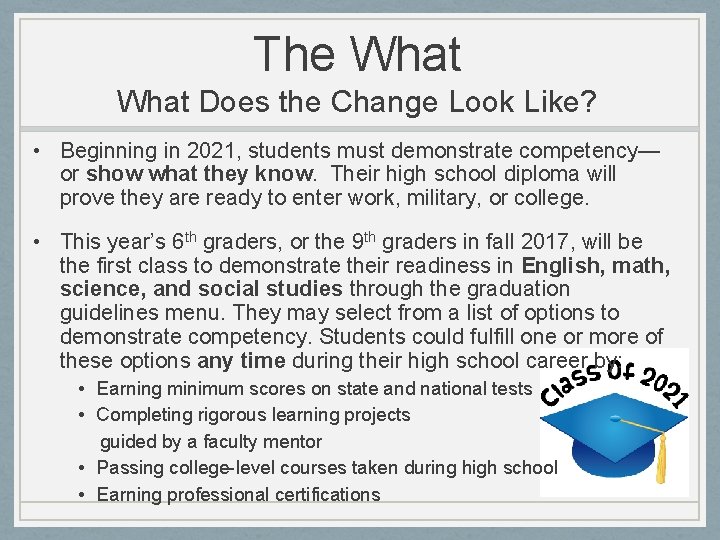 The What Does the Change Look Like? • Beginning in 2021, students must demonstrate