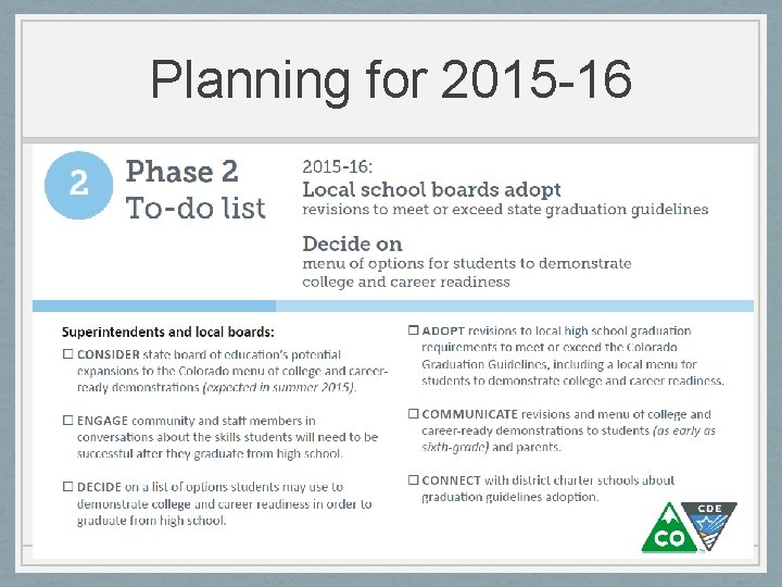 Planning for 2015 -16 