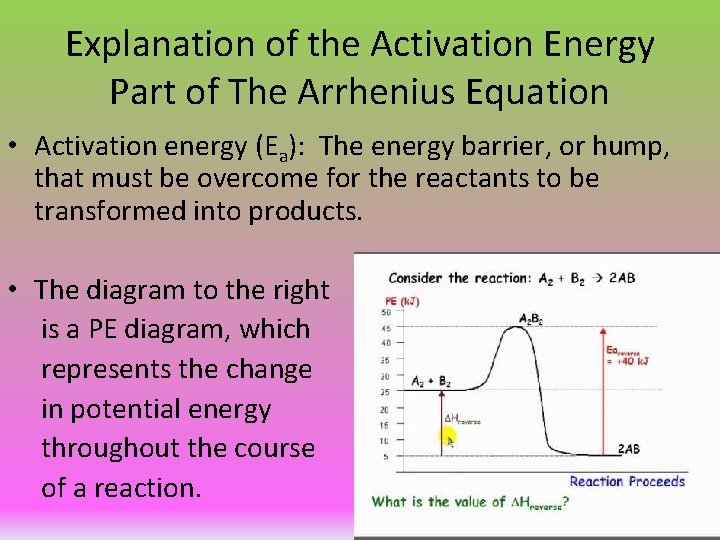 Explanation of the Activation Energy Part of The Arrhenius Equation • Activation energy (Ea):