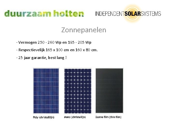 Zonnepanelen - Vermogen 250 - 260 Wp en 195 - 205 Wp - Respectievelijk