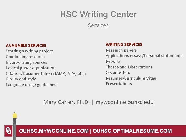 HSC Writing Center Services AVAILABLE SERVICES Starting a writing project Conducting research Incorporating sources