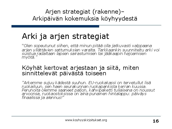 Arjen strategiat (rakenne)– Arkipäivän kokemuksia köyhyydestä Arki ja arjen strategiat "Olen sopeutunut siihen, että