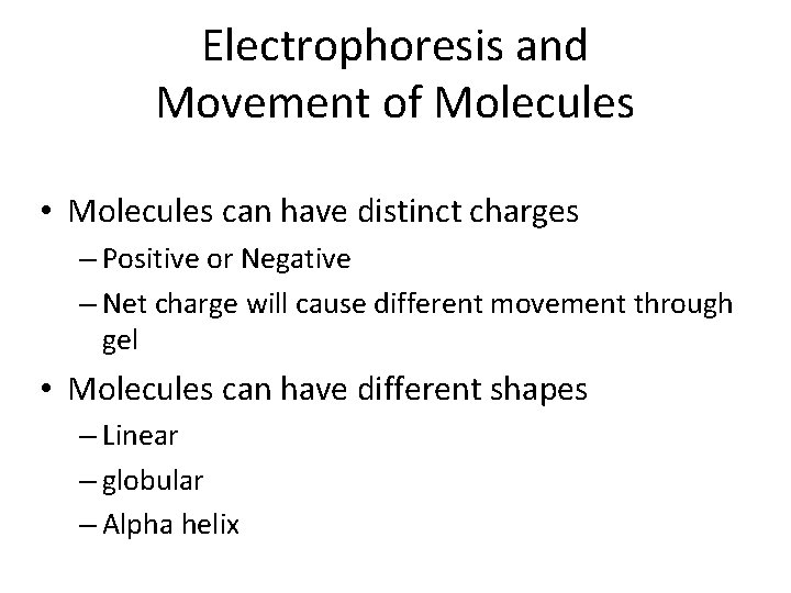 Electrophoresis and Movement of Molecules • Molecules can have distinct charges – Positive or