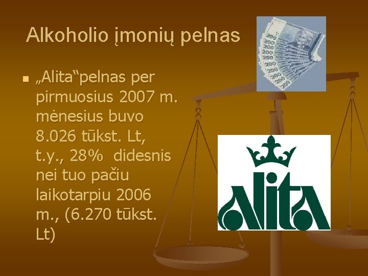 Alkoholio įmonių pelnas n „Alita“pelnas per pirmuosius 2007 m. mėnesius buvo 8. 026 tūkst.