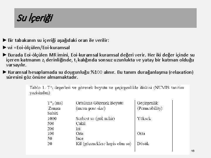 Su İçeriği ►Bir tabakanın su içeriği aşağıdaki oran ile verilir: ►wi =Eoi-ölçülen/Eoi-kuramsal ►Burada Eoi-ölçülen