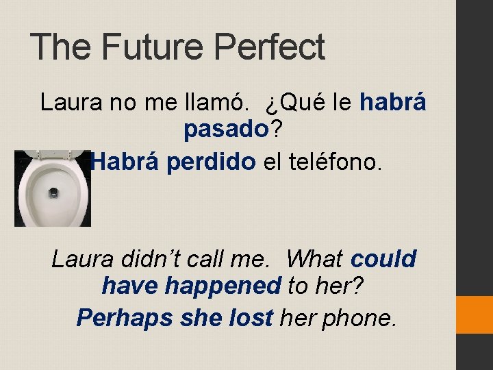 The Future Perfect Laura no me llamó. ¿Qué le habrá pasado? Habrá perdido el
