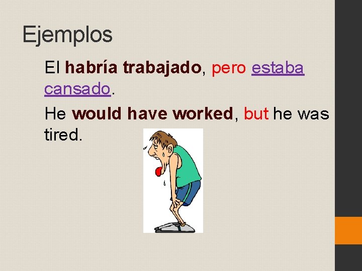 Ejemplos El habría trabajado, pero estaba cansado. He would have worked, but he was