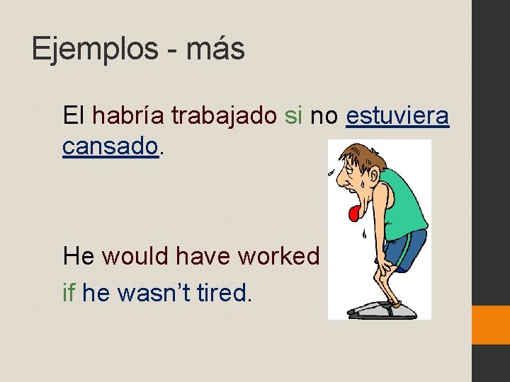 Ejemplos - más El habría trabajado si no estuviera cansado. He would have worked
