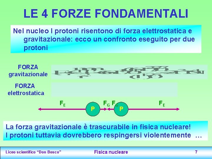 LE 4 FORZE FONDAMENTALI Nel nucleo I protoni risentono di forza elettrostatica e gravitazionale: LE 4 FORZE FONDAMENTALI Nel nucleo I protoni risentono di forza elettrostatica e gravitazionale: