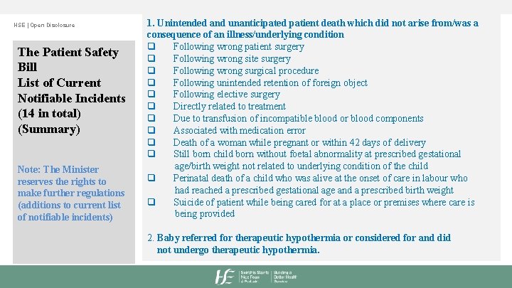 HSE | Open Disclosure The Patient Safety Bill List of Current Notifiable Incidents (14