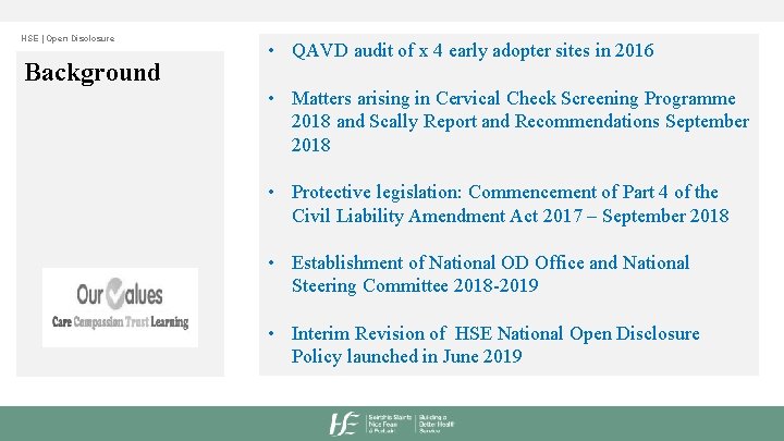 HSE | Open Disclosure Background • QAVD audit of x 4 early adopter sites