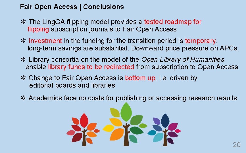 Fair Open Access | Conclusions ✻ The Ling. OA flipping model provides a tested