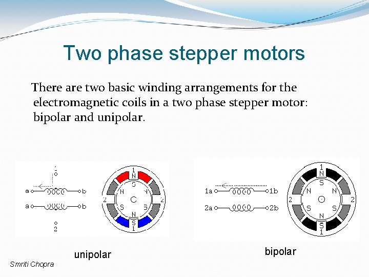 Two phase stepper motors There are two basic winding arrangements for the electromagnetic coils